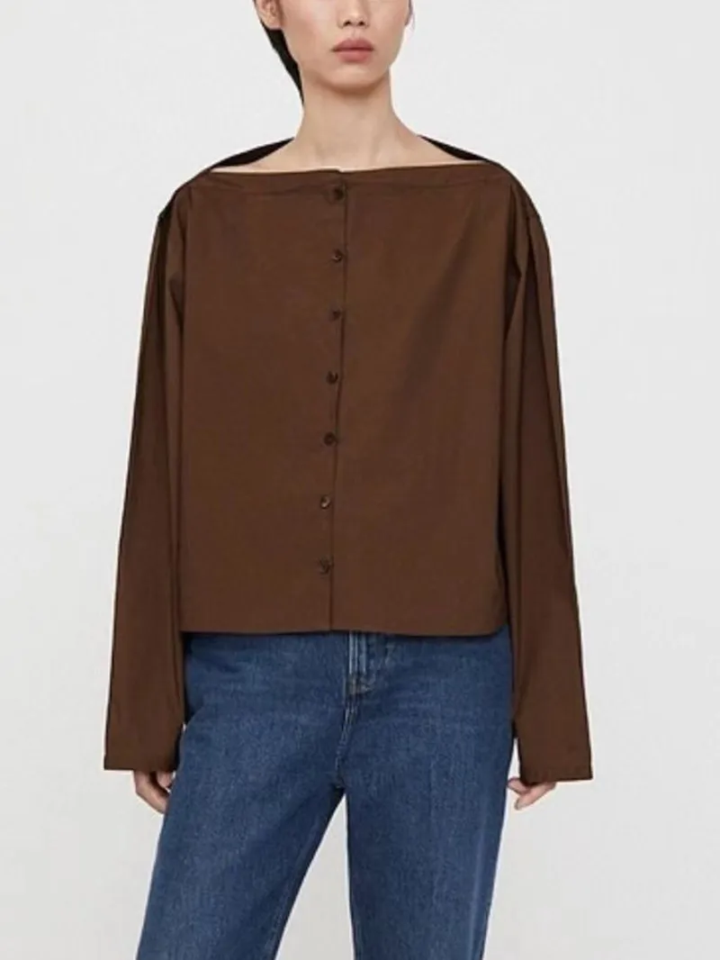 Women Blouse Slash Neck Single Breasted Long Sleeve Solid Color Simple Shirt
Women Blouse Slash Neck Single Breasted Long Sleeve Solid Color Simple Shirt