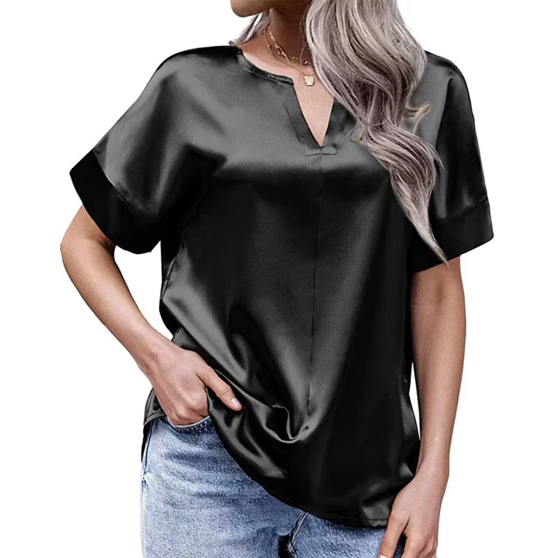 Khaki Black Shirt Short Sleeve Tops Summer Fashion Satin Blouse Women Shirt Solid Color V-neck Loose Office Lady Clothes 26156
Khaki Black Shirt Short Sleeve Tops Summer Fashion Satin Blouse Women Shirt Solid Color V-neck Loose Office Lady Clothes 26156
