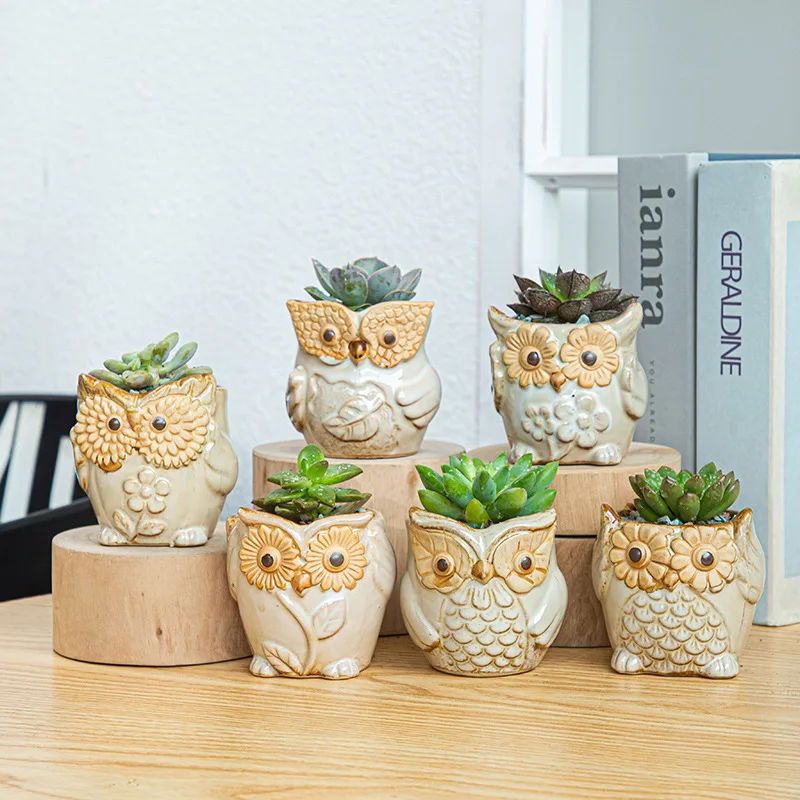 

Vintage Owl Flowers Pots Ceramic Cartoon Animals Succulents Plant Pot Cute Mini Pastoral Bonsai Modern Vase Home Garden Decor