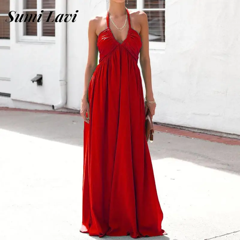 

2023 Summer V Neck Halter Long Dress Women Solid Color Drawstring Loose Dress Casual Sleeveless Backless Pleated Dress Vestdios