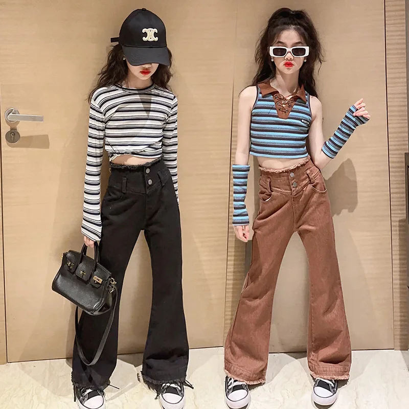 Costumes for Girls 2023 Spring Striped T-shirt Wide Leg Jeans Two Pieces Young Children Clothing Set Fashion Casual Kids Outfits
Costumes for Girls 2023 Spring Striped T-shirt Wide Leg Jeans Two Pieces Young Children Clothing Set Fashion Casual Kids Outfits