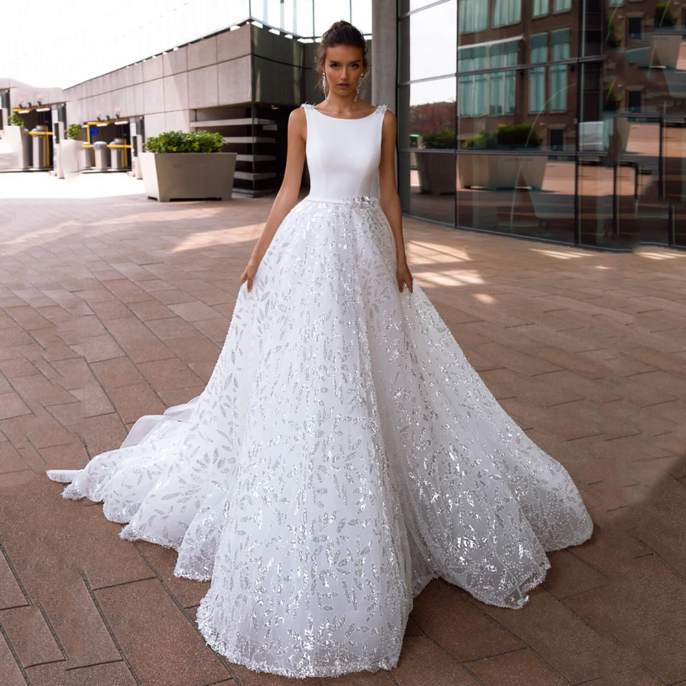 

Glitter Tulle Sequined Wedding Dress 2022 Shinny Scoop Neck Modern Backless Satin Bridal Party Gowns Sweep Train A-Line Illusion