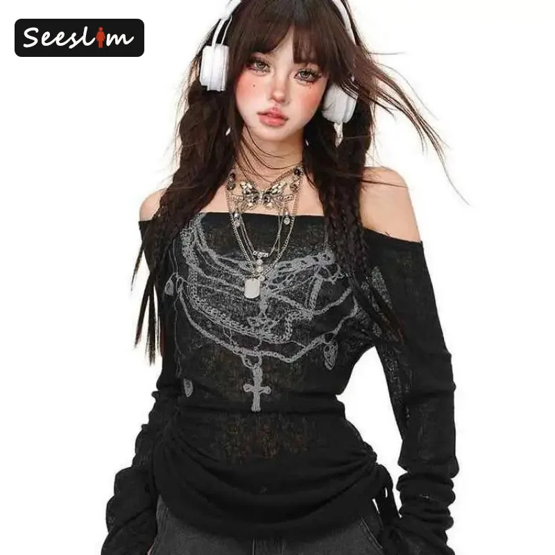 Seeslim Графические футболки 2000-х годов Одежда Y2k Осенние топы Goth Hotsweet Футболки с