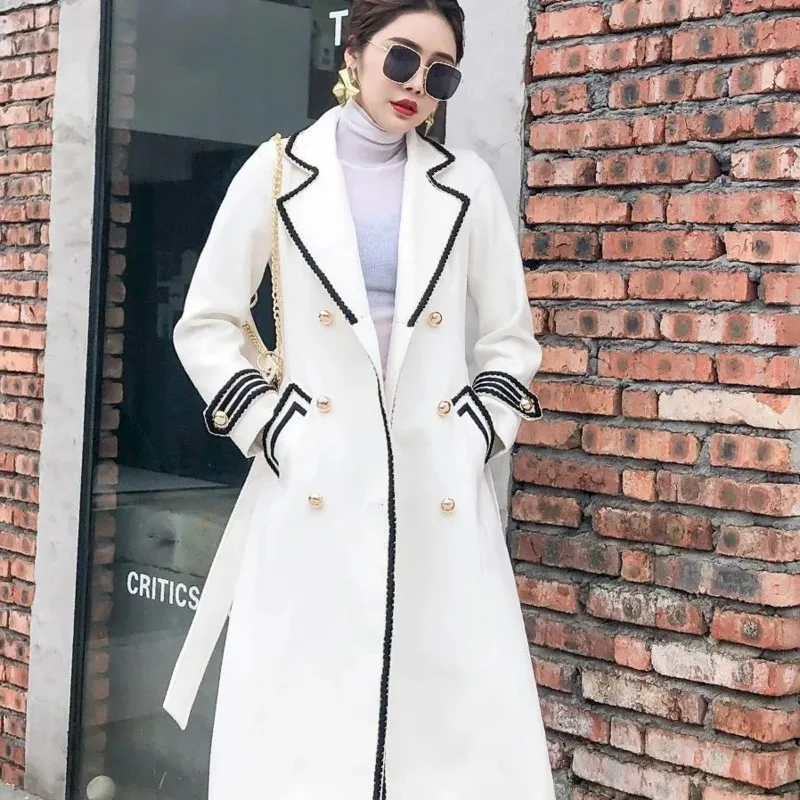 

Women Windbreaker Winter Loose Long Coat Casual Ladies Jacket Vintage White Black Stitching Trench Female Outerwear Slim Fit