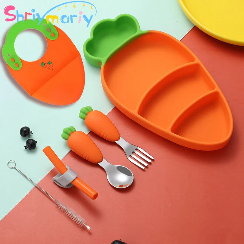 Baby Soft Silicone Dishes Set Carrot Shape Sucker Plate Bowl Straw Cup Bibs Spoon Fork Children Non-slip Feeding Dish BPA Free
Baby Soft Silicone Dishes Set Carrot Shape Sucker Plate Bowl Straw Cup Bibs Spoon Fork Children Non-slip Feeding Dish BPA Free