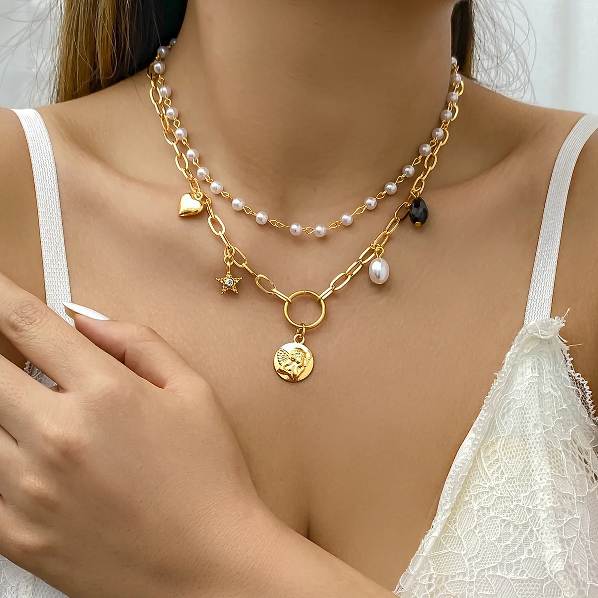 Elegant New Fashion Pearl Choker Necklace Cute Double Layer Chain Gold Angel Heart Star Charm Pendant Necklace For Women Jewelry
Elegant New Fashion Pearl Choker Necklace Cute Double Layer Chain Gold Angel Heart Star Charm Pendant Necklace For Women Jewelry