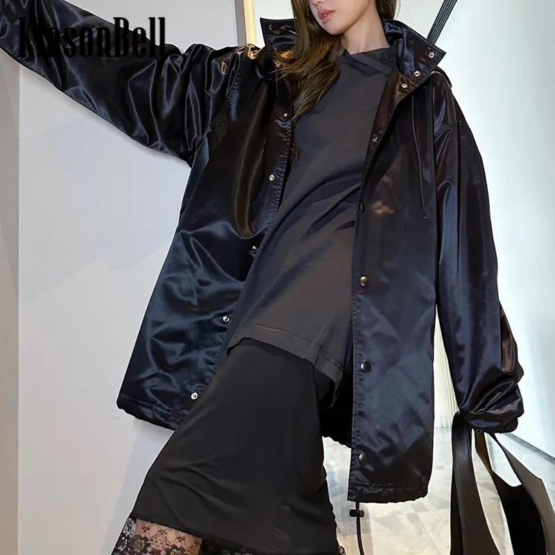 

10.19 KlasonBell Fashion Neutral Style Back Embroidery Letter Drawstring Hooded Hidden Breasted Loose Jacket Trench Coat Women