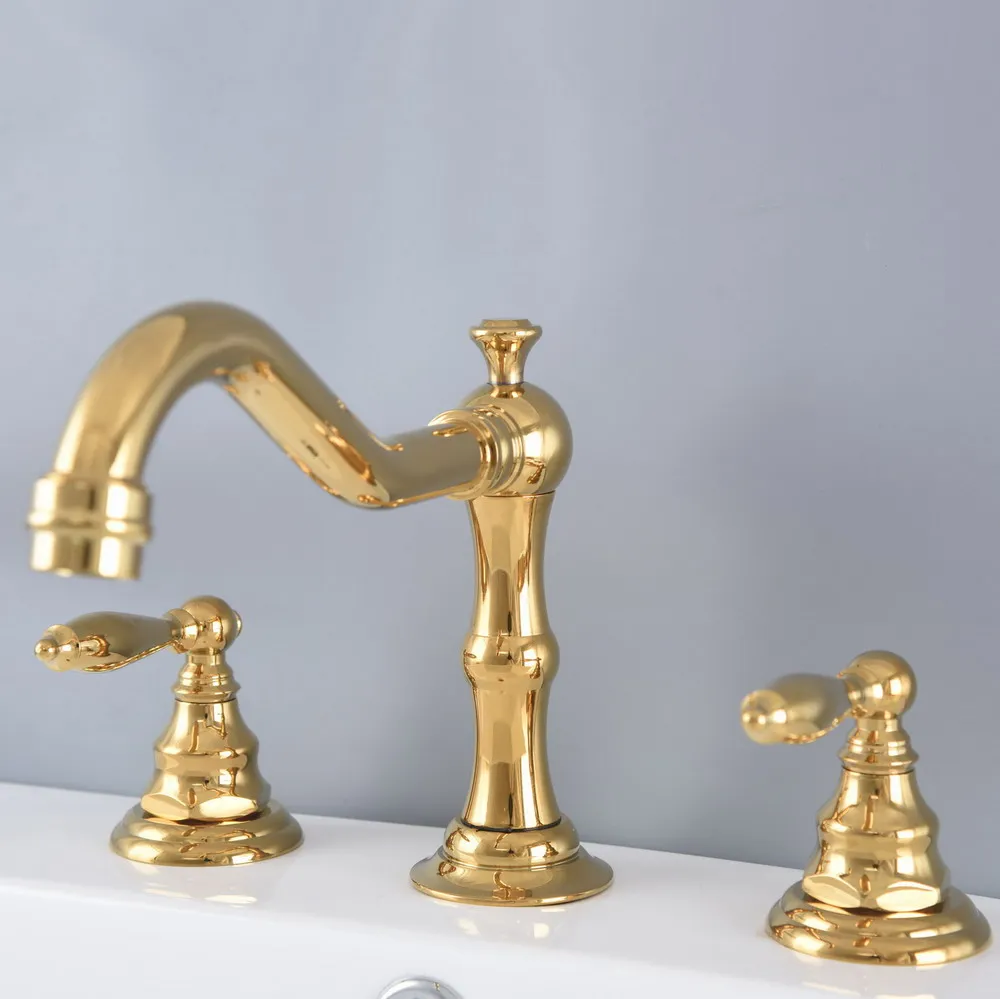 Polished Gold Color Brass Deck Mounted Dual Handles Widespread Bathroom 3 Holes Basin Faucet Mixer Water Taps mnf984 
Polished Gold Color Brass Deck Mounted Dual Handles Widespread Bathroom 3 Holes Basin Faucet Mixer Water Taps mnf984
