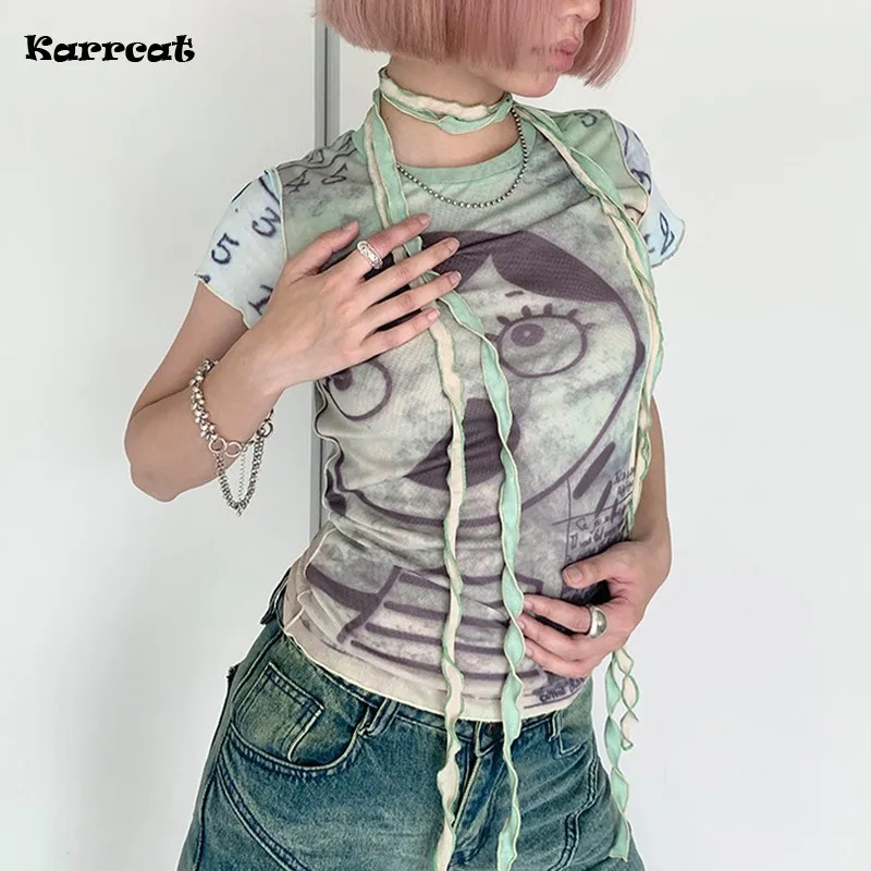 

Karrcat Grunge Aesthetics Mesh Tops Y2k Cyber Graphic T-shirt Harajuku Fairycore Bandage Crop Top 2000s E-girls Sheer Tops Chic