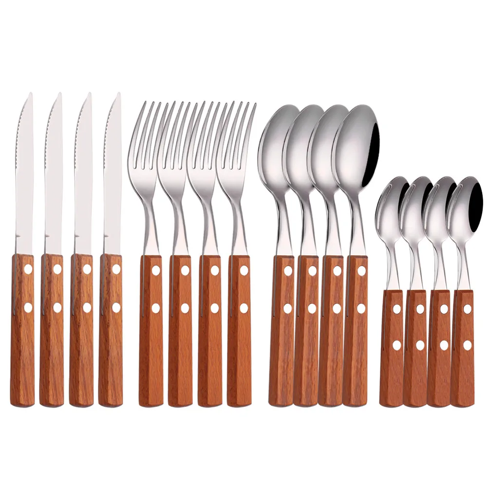 16Pcs Silver Cutlery Set Wooden Handle Dinnerware Set Kitchen Stainless Steel Knifes Forks Spoons Tableware Set Silverware
16Pcs Silver Cutlery Set Wooden Handle Dinnerware Set Kitchen Stainless Steel Knifes Forks Spoons Tableware Set Silverware