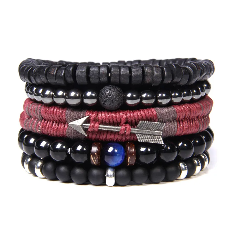 

Multilayer Wrap Leather Bracelet Set Arrow Red Leather Rope Black Wood Stone Beads Bracelets For Men Hematite Tribal Wristbands