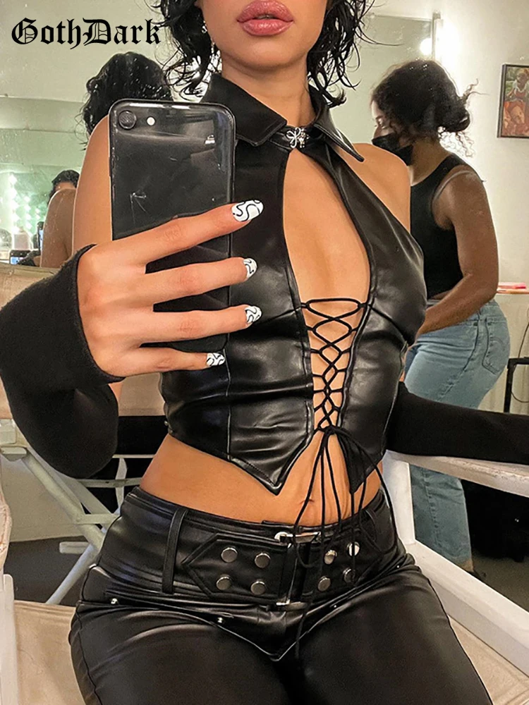 Goth Dark Bandage Cut Out Front Women Sexy Halter Tops Gothic Grunge Faux Pu Leather Black Crop Top Backless Party Outfit Summer
Goth Dark Bandage Cut Out Front Women Sexy Halter Tops Gothic Grunge Faux Pu Leather Black Crop Top Backless Party Outfit Summer