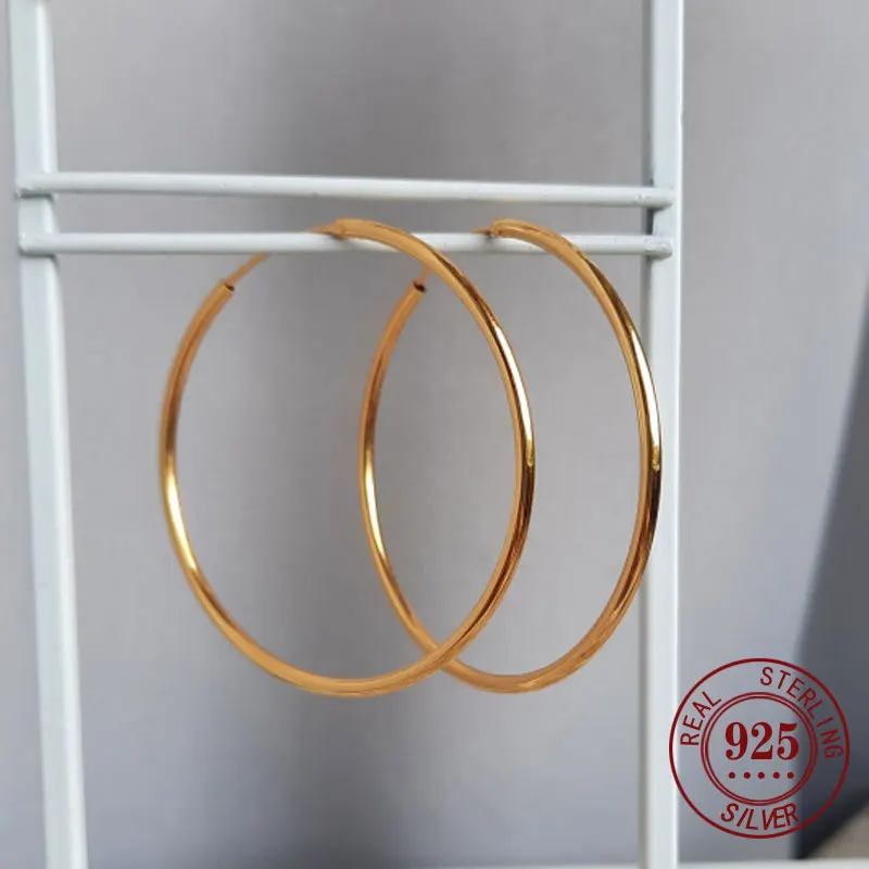 

Women 100% 925 Sterling Silver Hoop Earring Round Circle Loop Gifts Box Packing Simple 18k golden Hoop Earrings Piercing 30-90mm