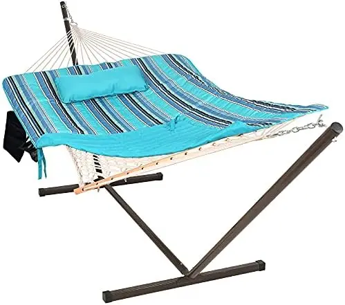 Outdoor Hammock with 12 ft Steel Stand, 2 Person Cotton Rope Hammock with Quilted Pad, Spreader Bars, Detachable Pillow, Mag Bag
Outdoor Hammock with 12 ft Steel Stand, 2 Person Cotton Rope Hammock with Quilted Pad, Spreader Bars, Detachable Pillow, Mag Bag