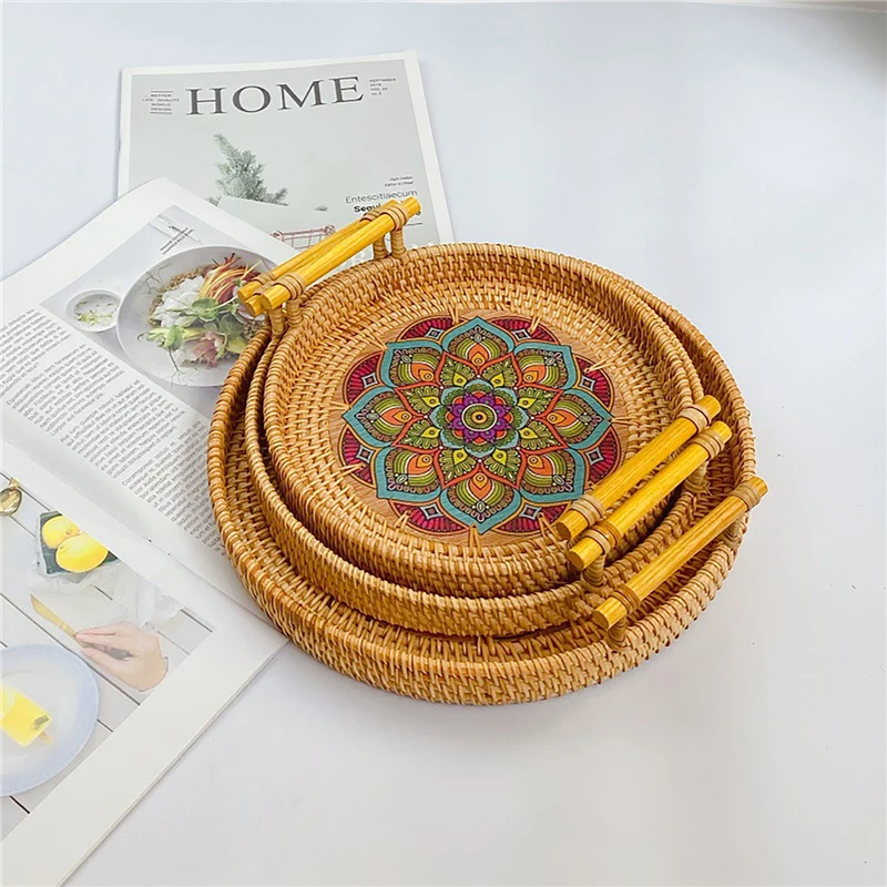 

Handwoven Rattan Storage Tray With Wooden Handle Round Wicker Basket Bread Food Plate Fruit Platter Serving Tray Breadbasket
