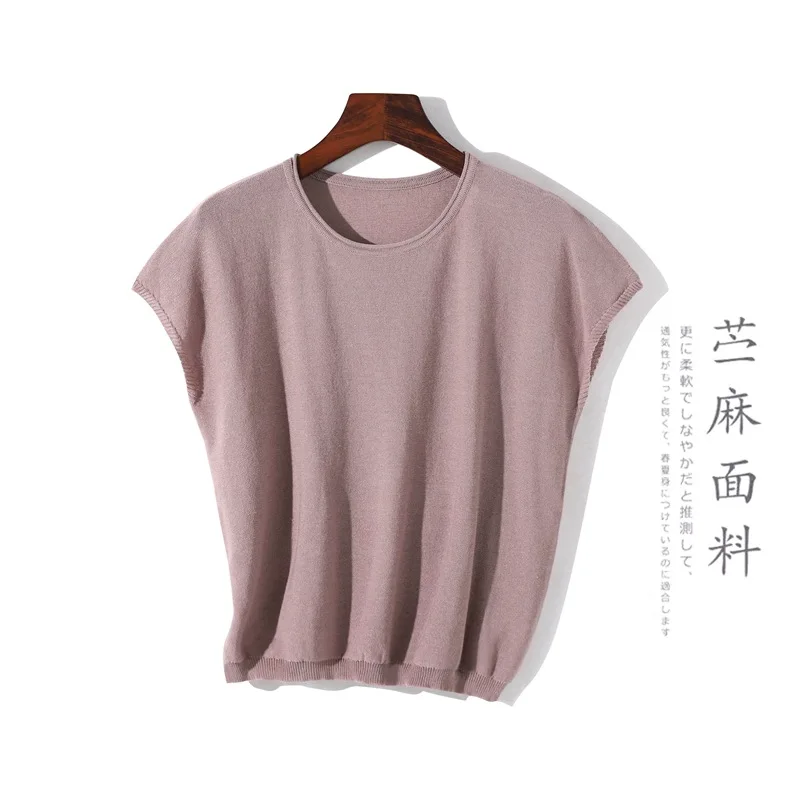 Женский трикотажный свитер из рами, свободный однотонный пуловер с коротким рукавом и круглым вырезом, лето 2022 
Женский трикотажный свитер из рами, свободный однотонный пуловер с коротким рукавом и круглым вырезом, лето 2022