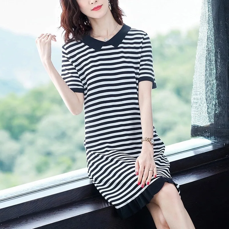2022 summer new ice silk striped short-sleeved casual all-match mid-length POLO collar dress lapel T-shirt dress
2022 summer new ice silk striped short-sleeved casual all-match mid-length POLO collar dress lapel T-shirt dress