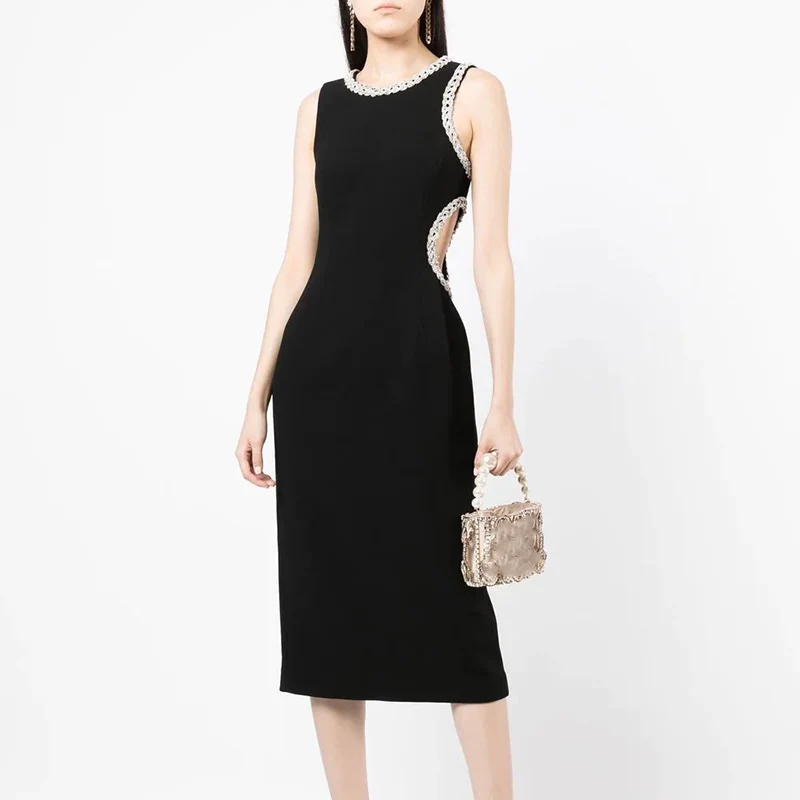 2022 Autumn New Runway Designer Black Round Neck Dresses Sleeveless Diamonds Exposed Waist Midi Dress Elegant Chic Party Dress
2022 Autumn New Runway Designer Black Round Neck Dresses Sleeveless Diamonds Exposed Waist Midi Dress Elegant Chic Party Dress