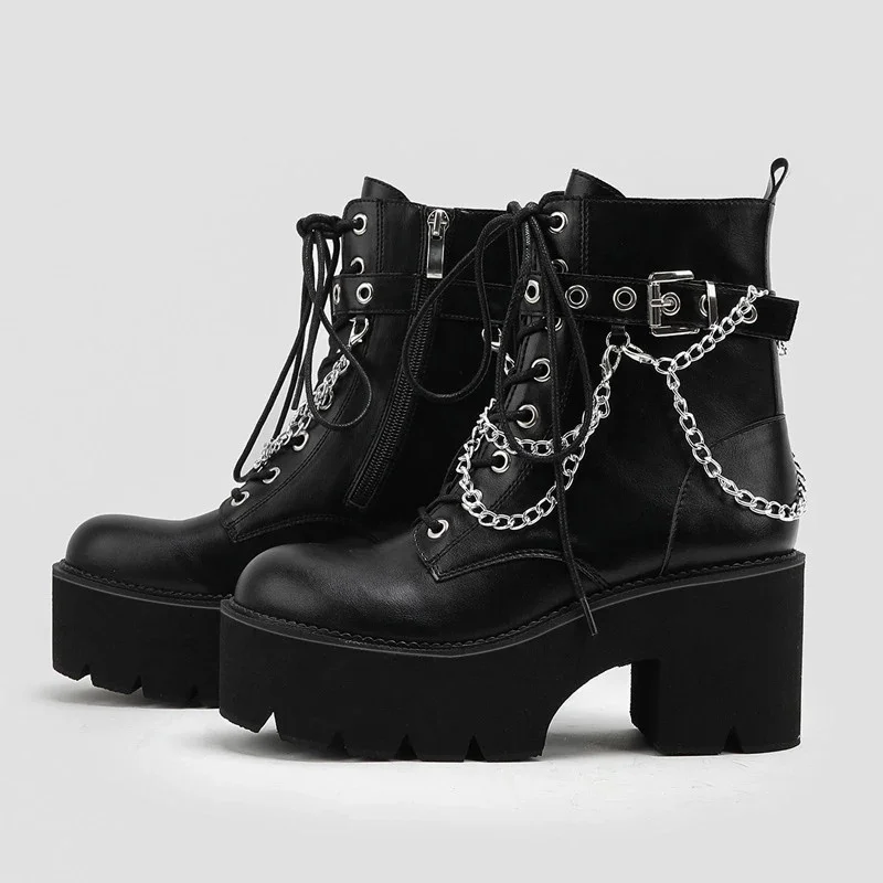 Latest Ladies Punk Style Boots Platform T-Cross-tied Ankle Boots Metal Chain Chunky Heels Zipper-Sid Sexy Women's Short Boots
Latest Ladies Punk Style Boots Platform T-Cross-tied Ankle Boots Metal Chain Chunky Heels Zipper-Sid Sexy Women's Short Boots