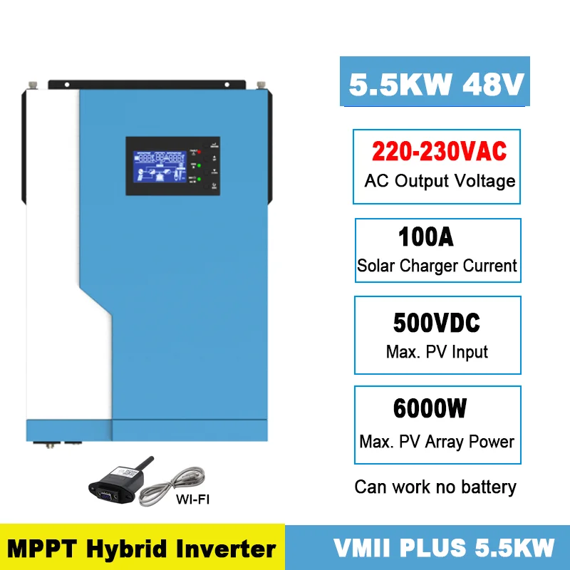 5.5KW Solar Hybrid Inverter 48VDC to 220VAC Pure Sine Wave 100A MPPT Solar Charge Controller with WIFI Can Work Without Battery
5.5KW Solar Hybrid Inverter 48VDC to 220VAC Pure Sine Wave 100A MPPT Solar Charge Controller with WIFI Can Work Without Battery