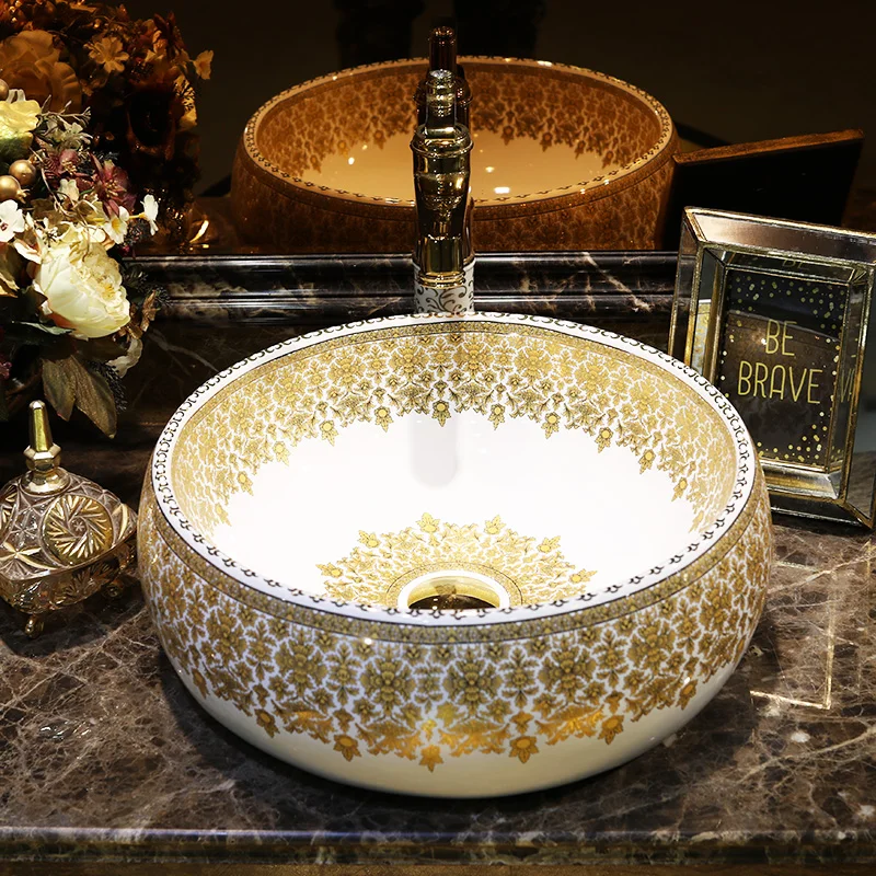 famille rose porcelain ceramic wash basin round with gold pattern design bathroom sinks
famille rose porcelain ceramic wash basin round with gold pattern design bathroom sinks