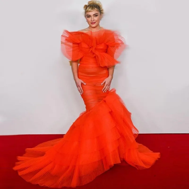 See Through Sleeveless Orange Tulle Dress Mermaid Ruffled Bodycon Dress With Train Folds Event Woman Clothes Elegant Event Gown
See Through Sleeveless Orange Tulle Dress Mermaid Ruffled Bodycon Dress With Train Folds Event Woman Clothes Elegant Event Gown