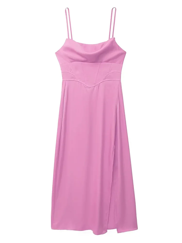 Elegant Women Pink Satin Camisole Dress With Striaght Neckline Thin Straps Backless Sleeveless Back Zip Split Dresses
Elegant Women Pink Satin Camisole Dress With Striaght Neckline Thin Straps Backless Sleeveless Back Zip Split Dresses