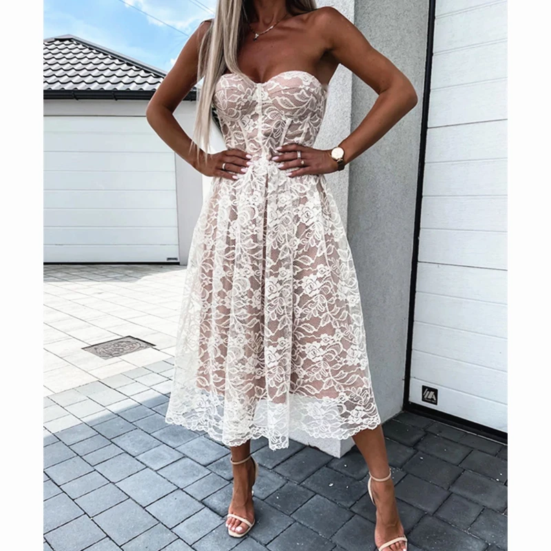 Summer Lace Dresses Women Low-Cut Strapless Floral Hollow Out Double-Layer Dress Ladies High Waist Backless Party Clubwear
Summer Lace Dresses Women Low-Cut Strapless Floral Hollow Out Double-Layer Dress Ladies High Waist Backless Party Clubwear