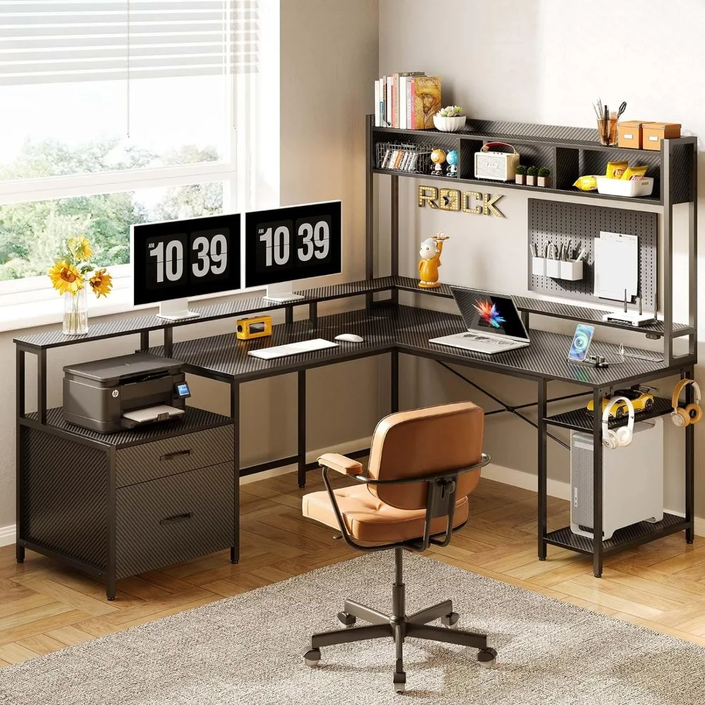 

Компьютерный стол Rolanstar L-образной формы с ящиком для файлов, игровой стол 102,4 дюйма со светодиодной подсветкой и розетками питания, черный, углеродное волокно