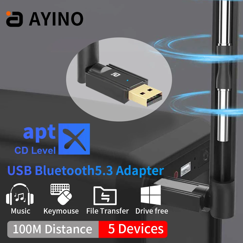 

USB-адаптер AYINO 100M Bluetooth 5,3, aptX для ПК, беспроводной динамик, принтер, мышь, клавиатура, аудио приемник, передатчик