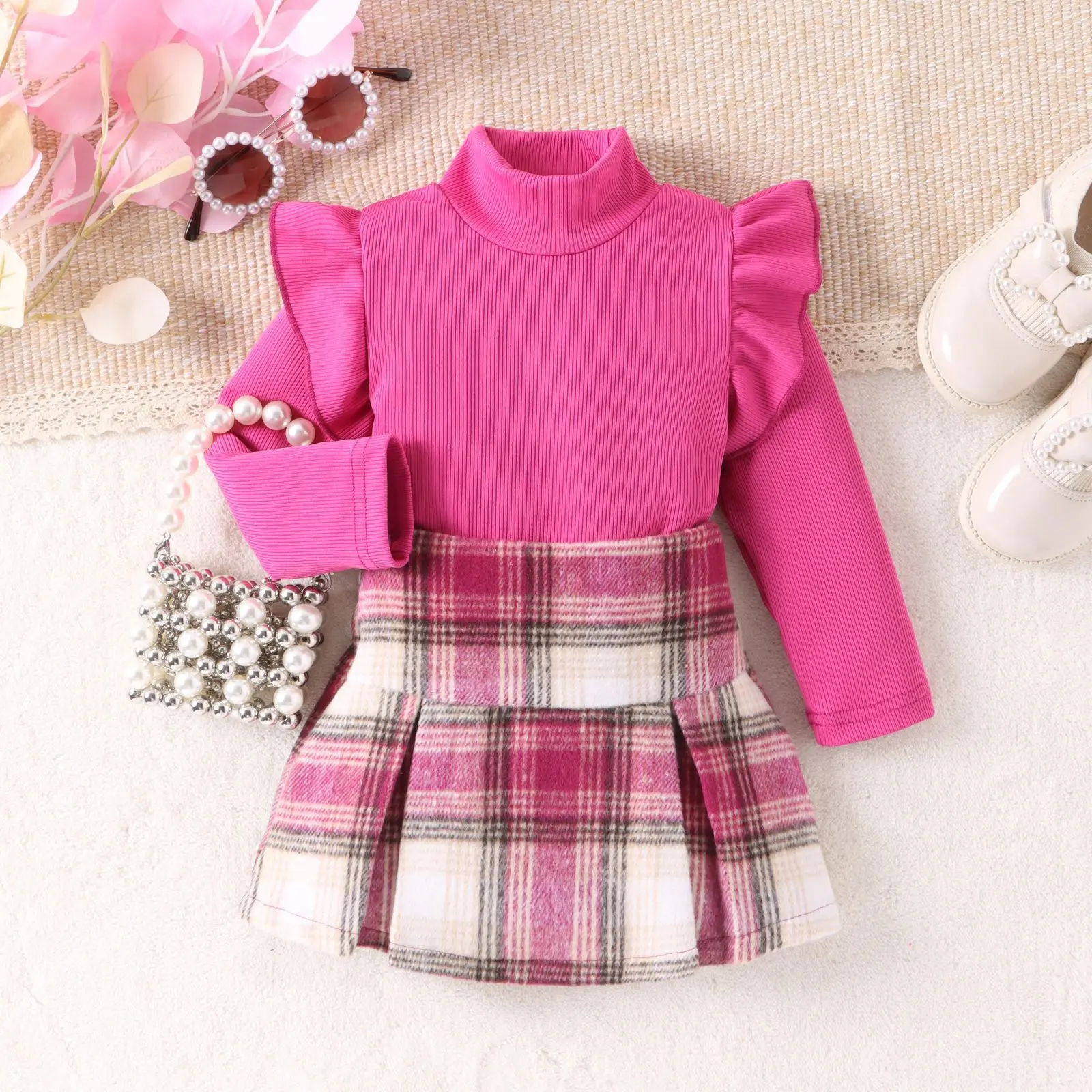 

6M-5Y Newborn Infant Kids Baby Girls Clothes Sets High Neck Pit Stripe Long Sleeved Tops +High Waisted Plaid Short Skirt Outfits