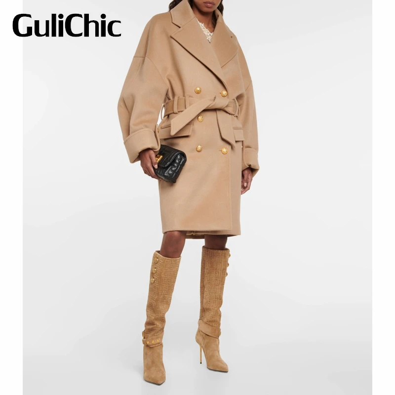 

Женское двубортное кашемировое пальто GuliChic, элегантное приталенное кашемировое пальто средней длины с отложным воротником без цветов, 12,17