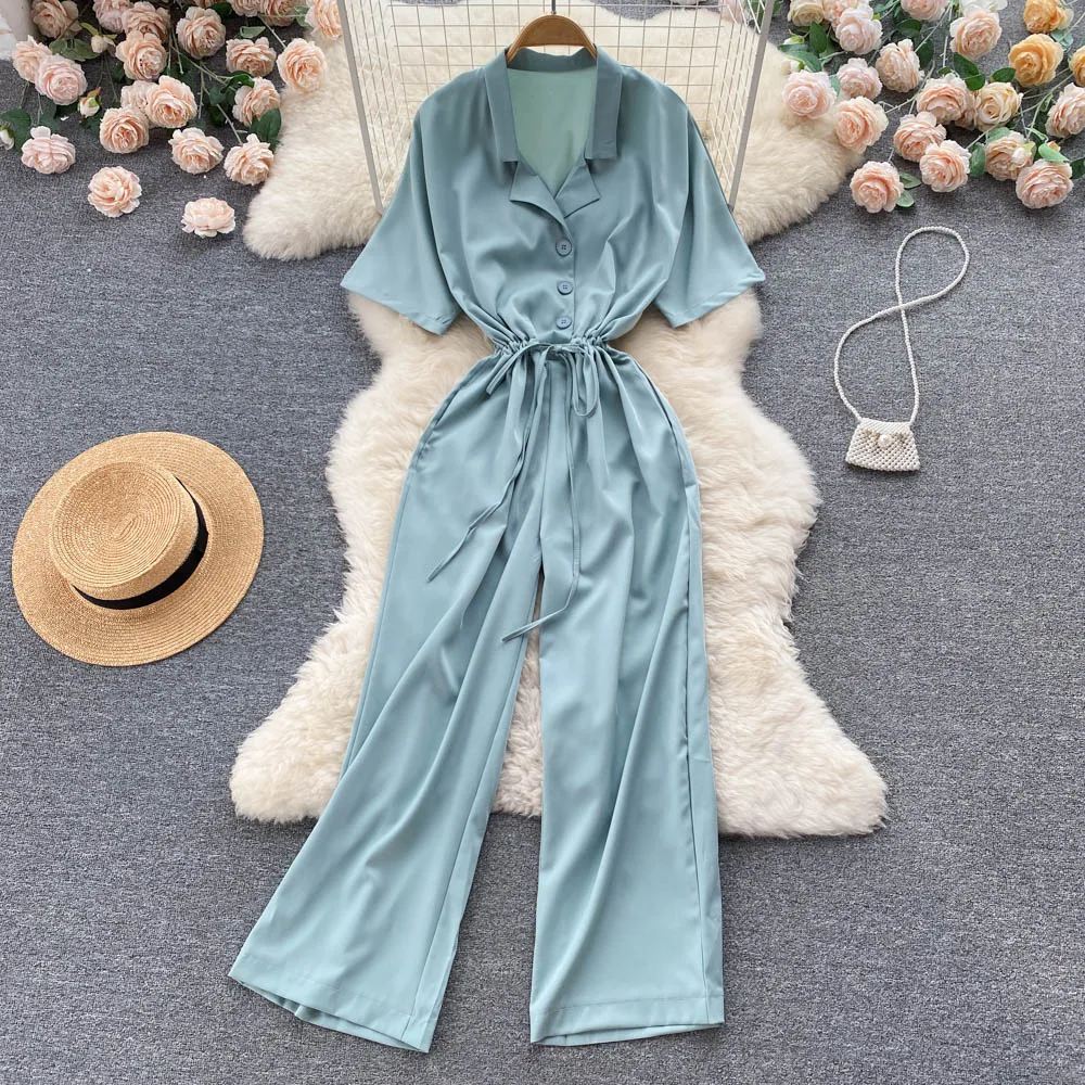 Women New Fashion Summer Notched Neck Short Sleeve Slim Jumpsuit Korean Solid Color Simple High Waist Wide Leg Overalls G785
Women New Fashion Summer Notched Neck Short Sleeve Slim Jumpsuit Korean Solid Color Simple High Waist Wide Leg Overalls G785
