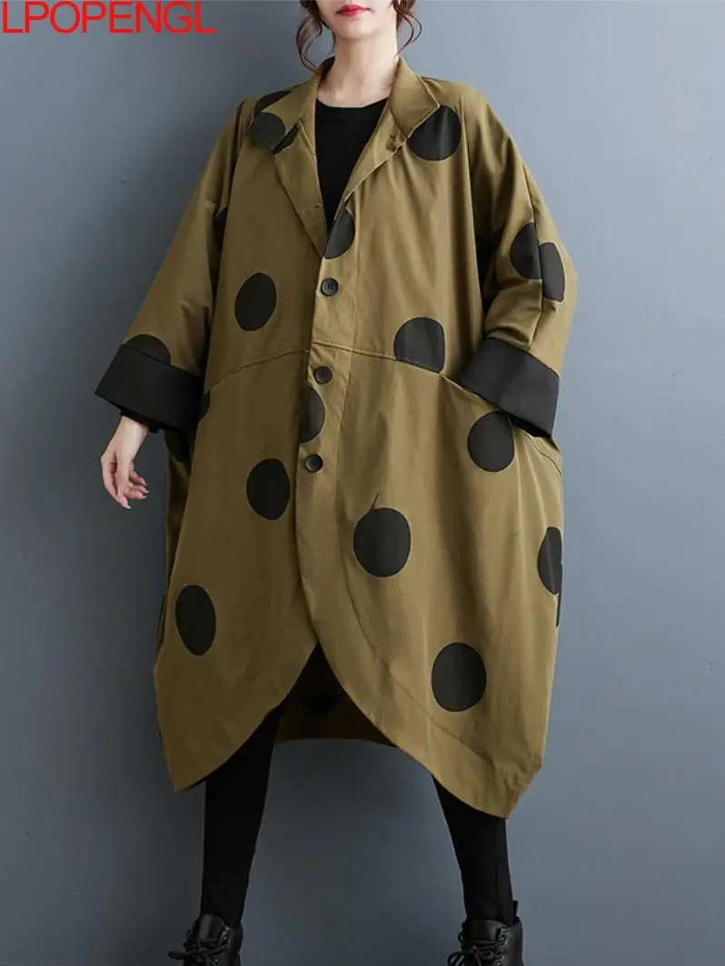 

2023 Woman Autumn Retro Bat Sleeves Stand-up Collar Polka Dot Print Casual Loose Oversized Street Style Irregular Trench Coat