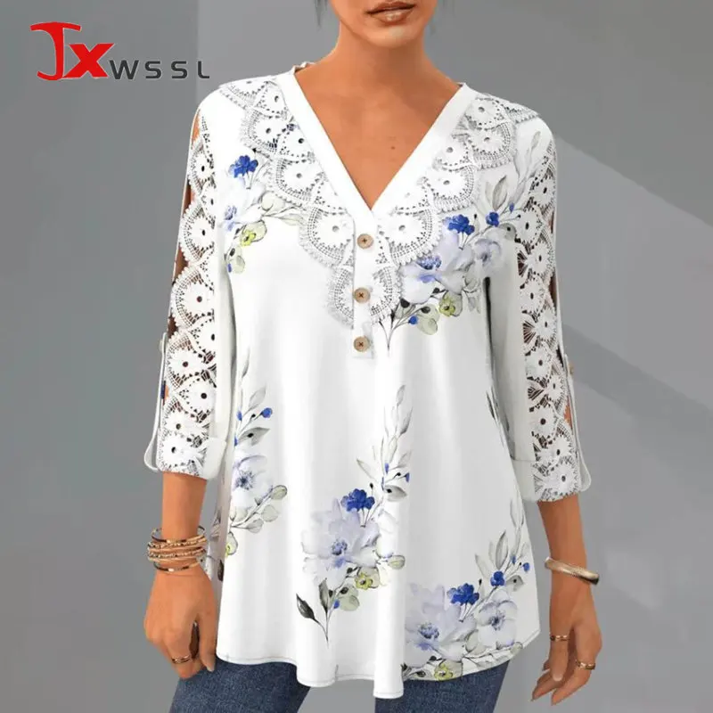 Summer New Printed Women's Shirts Lace V-Neck Loose Three Quarter Sleeve Casual Tops Streetwear Ladies Fashion Blouse
Summer New Printed Women's Shirts Lace V-Neck Loose Three Quarter Sleeve Casual Tops Streetwear Ladies Fashion Blouse