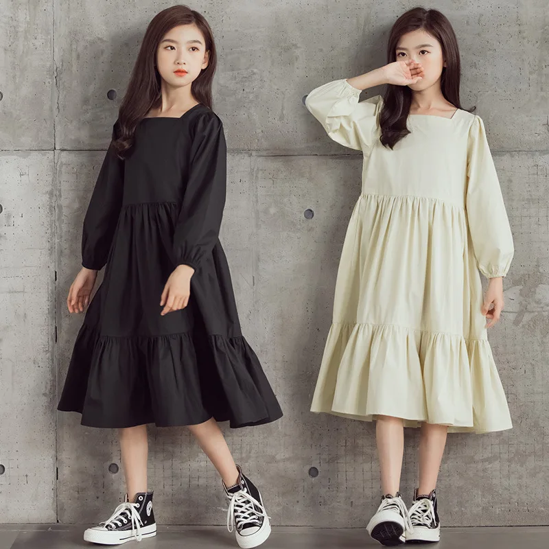 

Teen Girls' 100% Cotton Long Sleeve Dress Midi Long 2022 New Autumn Casual Kids Dresses Girl Spring School Cothing Black Khaki