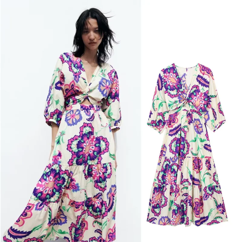2023 Holiday style Front Hollow Out Wrist Sleeve V Neck High Waist Female Poplin Dresses Summer Printed Women Midi Dress
2023 Holiday style Front Hollow Out Wrist Sleeve V Neck High Waist Female Poplin Dresses Summer Printed Women Midi Dress