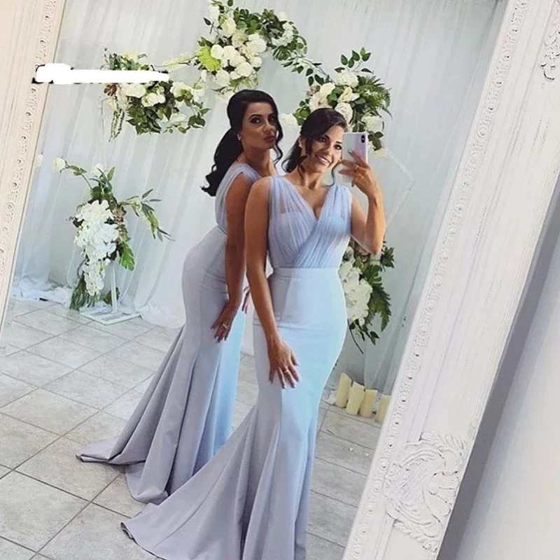 2022 Sexy Mermaid Long Bridesmaid Dresses Sleeveless V-neck Light Blue Satin Women Wedding Party Dress Vestidos Formal Gowns
2022 Sexy Mermaid Long Bridesmaid Dresses Sleeveless V-neck Light Blue Satin Women Wedding Party Dress Vestidos Formal Gowns