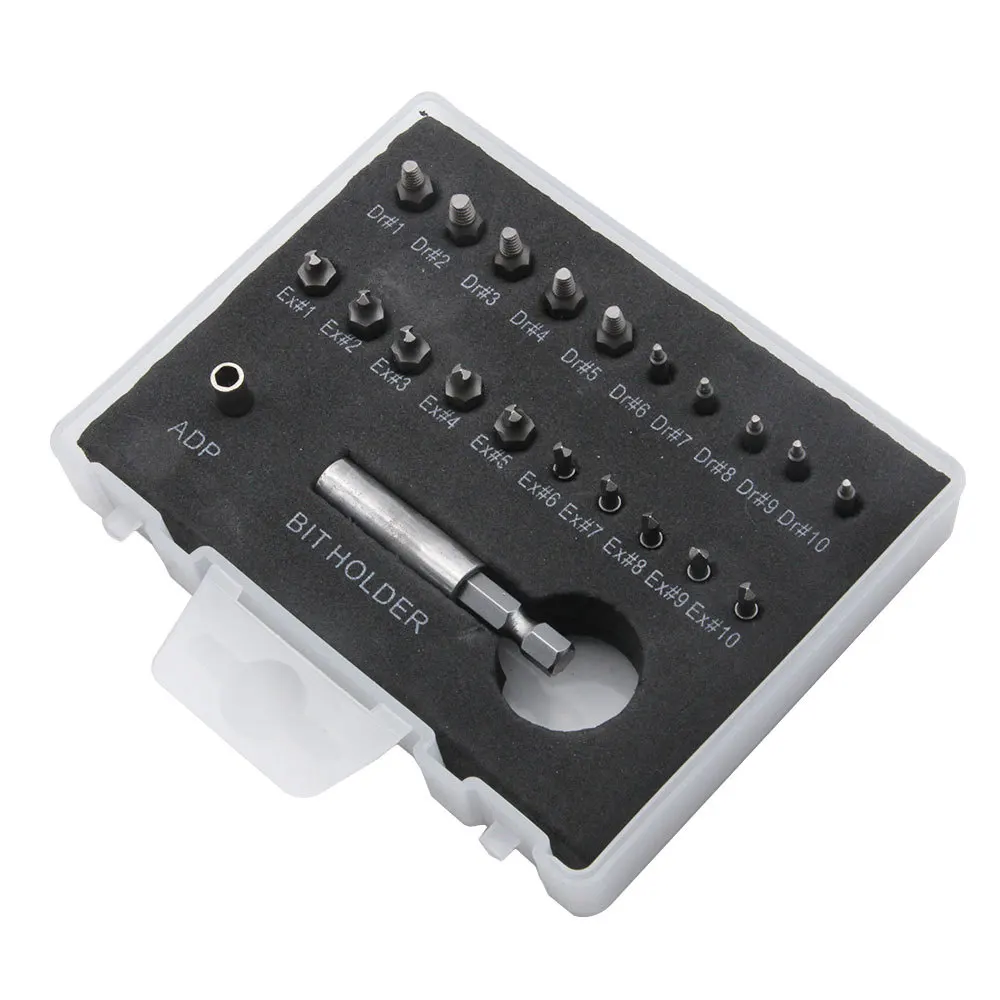 22pcs plastic box screw extractor S2 alloy steel sliding tooth screw removal tool set drill bit
22pcs plastic box screw extractor S2 alloy steel sliding tooth screw removal tool set drill bit