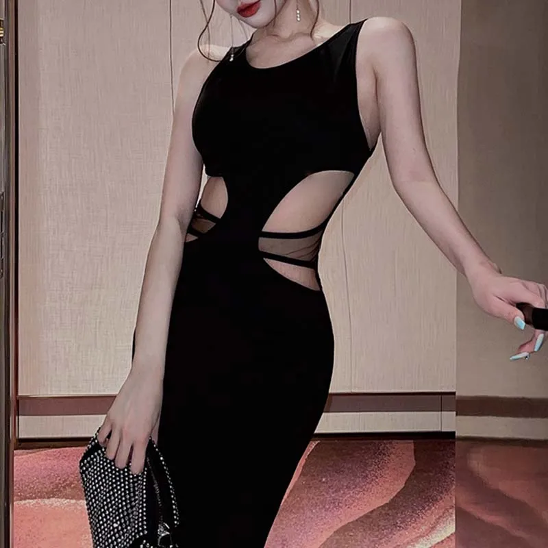 Женское ажурное платье с завышенной талией, привлекательное черное облегающее однотонное длинное платье с круглым вырезом, лето 27014