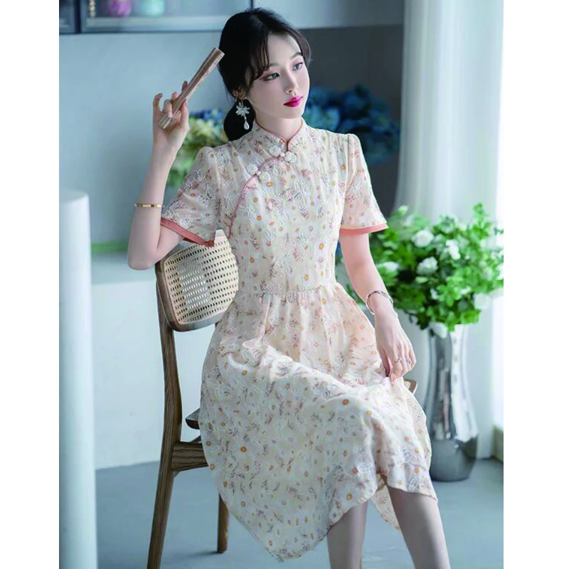 

Improved Qipao Chinese Cheongsam Short Sleeve Summer Mandarin Collar Dress Floral Embroidery Young Women Vintage Elegant Female