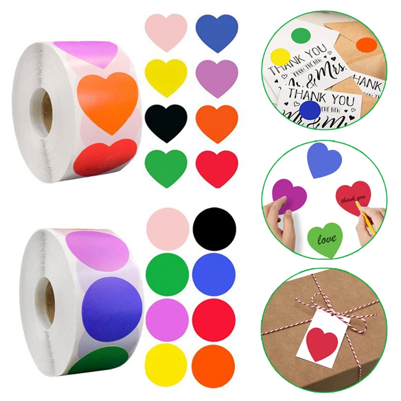 

1Roll/500pc Color Heart Coding Label Stickers Chroma Colorful Label Code Scrapbooking Adhesive SealingSticker Package Decoration