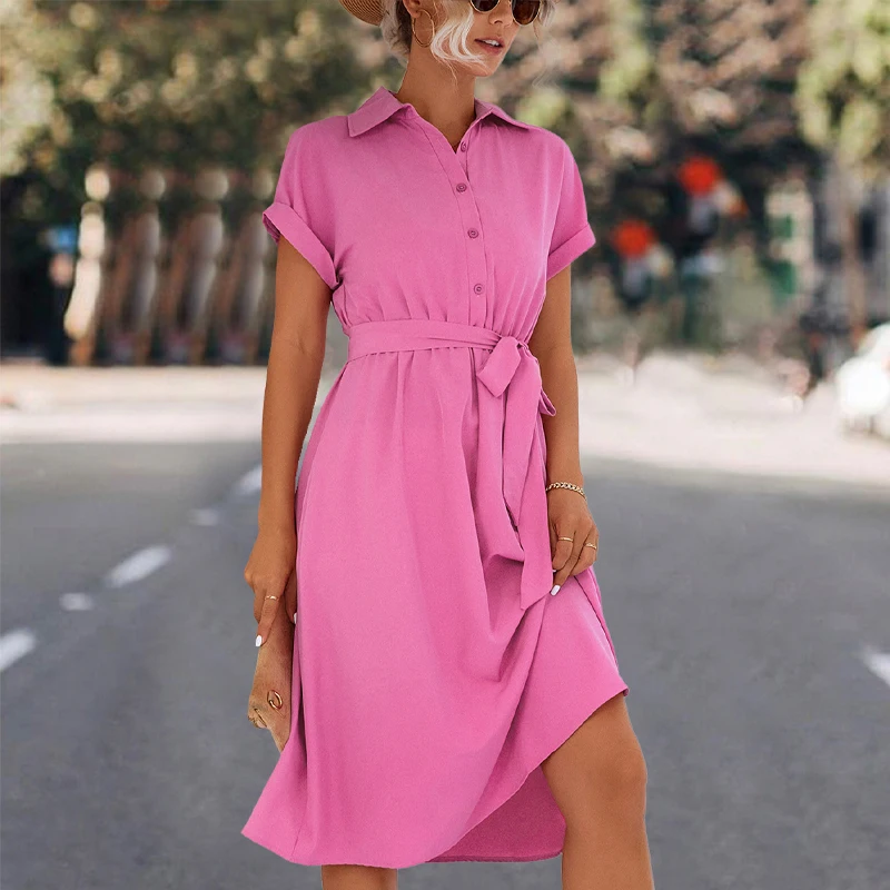 

Harajuku Summer Dresses Woman 2022 Rose Red Short Sleeveless Turndown Collar Button Belt Midi Dress City Lady Casual Short Dress