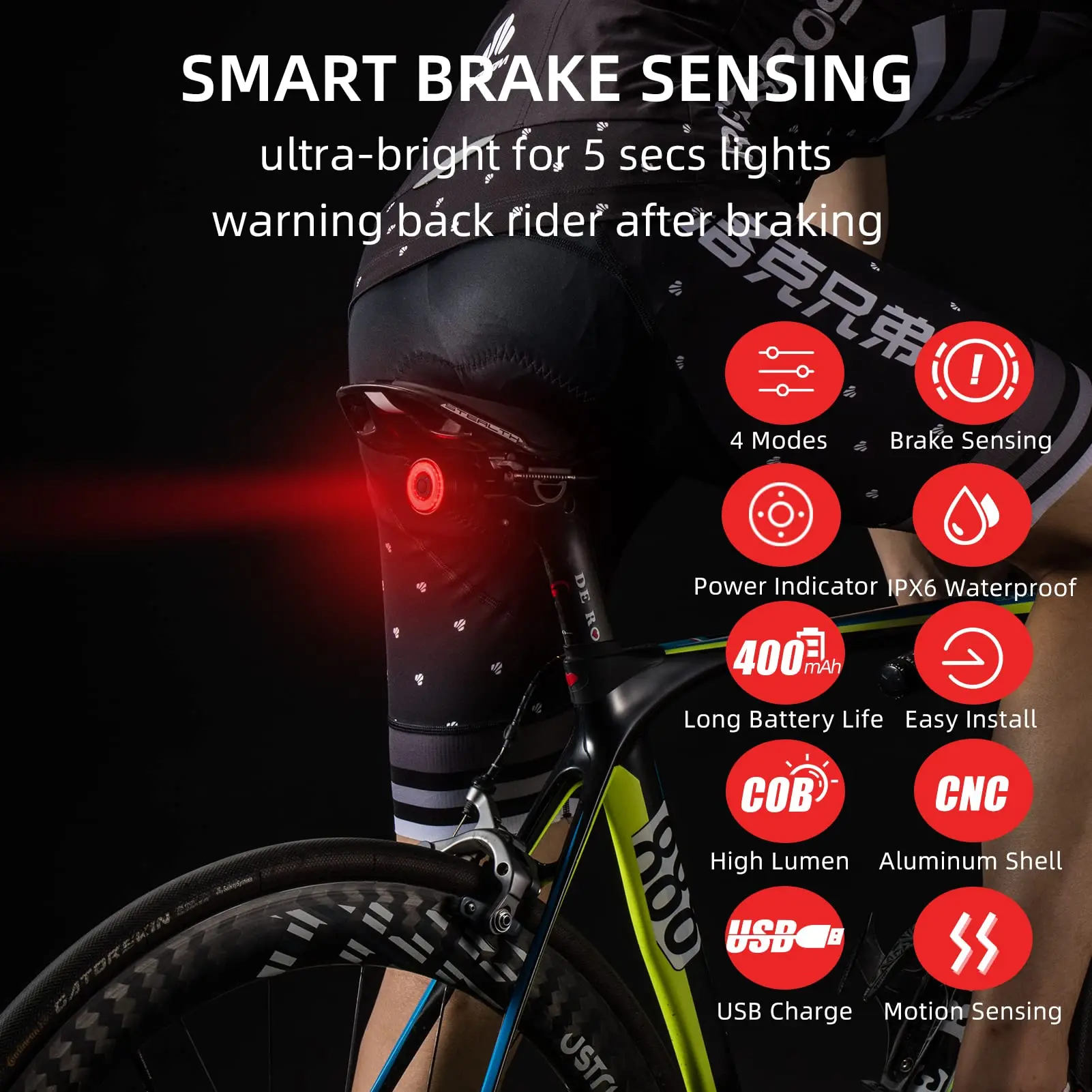 ROCKBROS Bicycle Tail Light Cycling Smart Auto Brake Sensing Rear Light Waterproof 4 Flash Modes Led Charging Bike Accessories
ROCKBROS Bicycle Tail Light Cycling Smart Auto Brake Sensing Rear Light Waterproof 4 Flash Modes Led Charging Bike Accessories