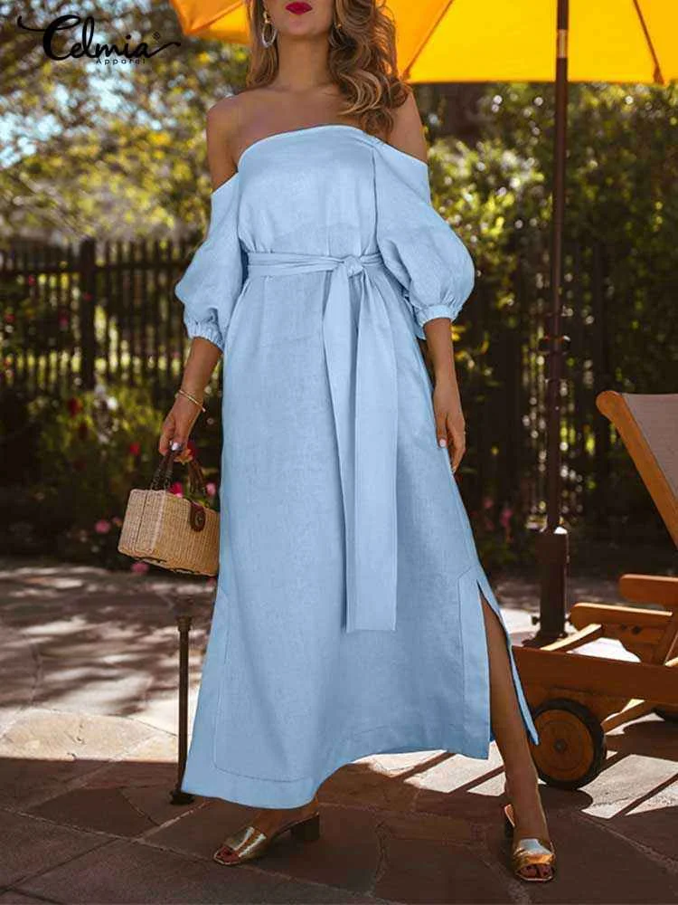 

Summer Beach Sundress Celmia Sexy Off Shoulder Bohemian Maxi Dress 2023 Women Slit Puff Sleeve Party Casual Belted Long Vestidos