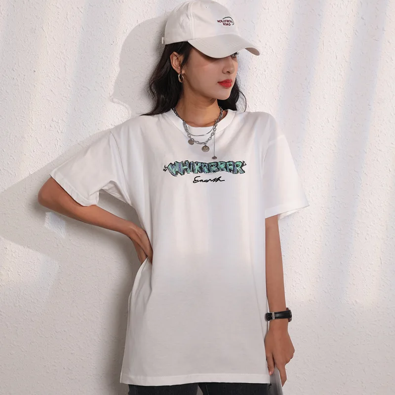 Loose White Letter Print T Shirts Women Mid Length Short Sleeve Casual Tops O-neck All-match Plus Size Tees Simple Aesthetic New
Loose White Letter Print T Shirts Women Mid Length Short Sleeve Casual Tops O-neck All-match Plus Size Tees Simple Aesthetic New