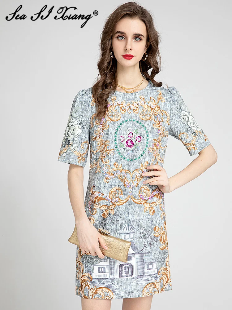 Seasixiang Fashion Designer Summer Beading Dress Women O-Neck Short Sleeve Vintage Print Mini Dresses
Seasixiang Fashion Designer Summer Beading Dress Women O-Neck Short Sleeve Vintage Print Mini Dresses