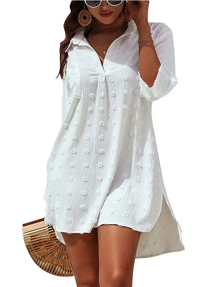 New Shirt Women's Solid Color Fashion Jacquard Lapel 3/4 Sleeve Loose Top Short Skirt Oversized Chiffon Pullover Beach Skirt
New Shirt Women's Solid Color Fashion Jacquard Lapel 3/4 Sleeve Loose Top Short Skirt Oversized Chiffon Pullover Beach Skirt