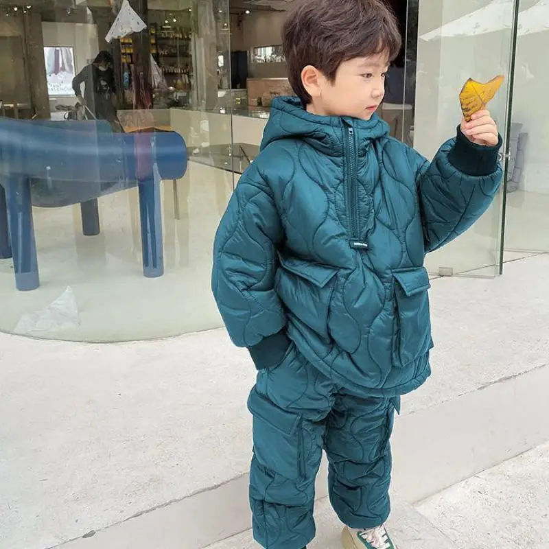2022 Kids Boys Clothes Sets 2pcs Winter Suits Pullover Outwear Coats+pants Velvet Thick Warm Children Snowsuit 2-12 Years Old - купить по