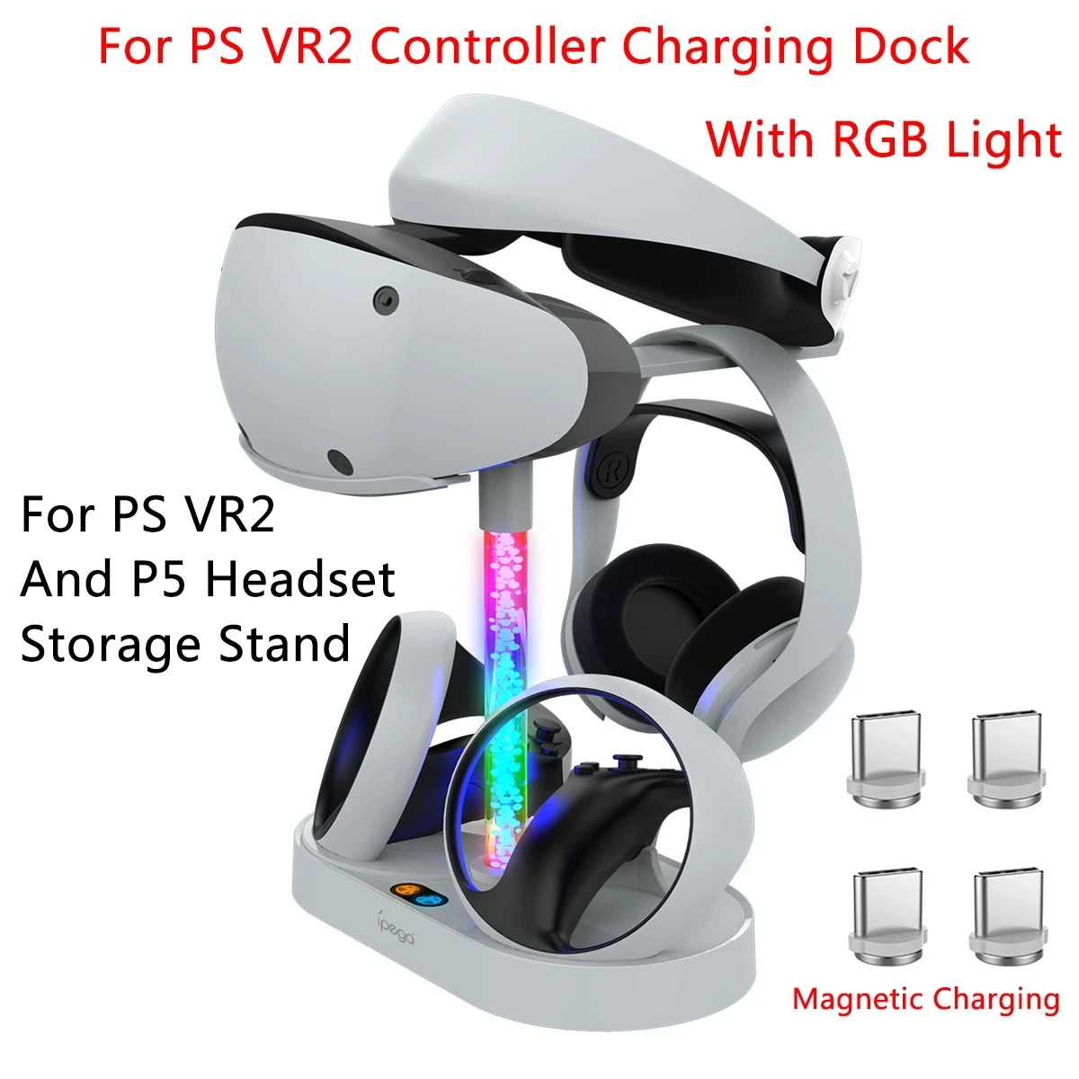 

Для PS VR2 двойной контроллер Магнитная зарядная док-станция на присоске для PS5 гарнитуры и консоли VR Подставка для хранения с RGB светильник